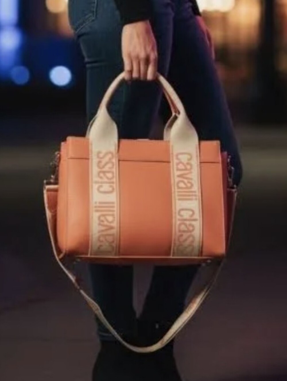 Cavalli Class Coral Orange Tote Cream Branded Straps - Picture 8 of 12
